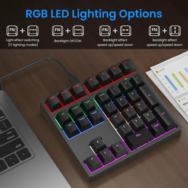 Alt view image 3 of 7 - Number Pad, Mechanical USB Wired Numeric Keypad with RGB LED Backlit,34 Keys Numpad Keyboard with PBT Keycaps Blue Switches for Windows/Mac Laptop,Computer,Desktop,PC,Notebook (Black)