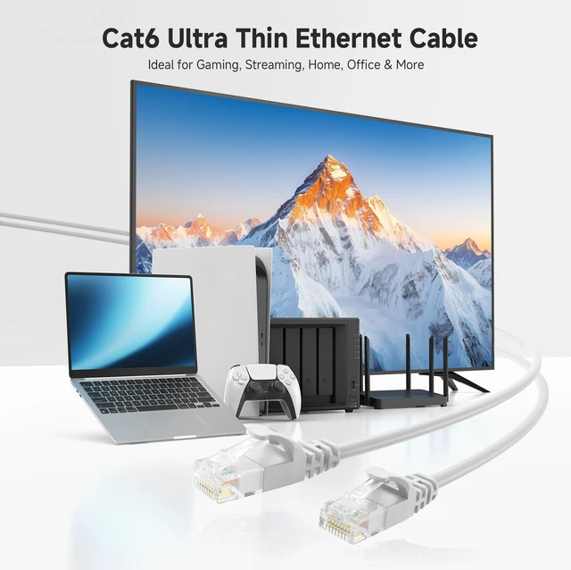 Alt view image 2 of 7 - 10Gbps Snagless Cat 6 Ethernet Cable - 10ft, Slim Profile Cat 6 Cable, Cat6 Cord, Thin Ethernet Cord, White