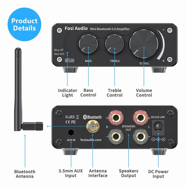 Alt view image 2 of 7 - Fosi Audio BT10A Bluetooth 5.0 Stereo Audio Amplifier Receiver 2 Channel Class D Mini Hi-Fi Integrated Amp for Home Passive Speakers 50W x 2 TPA3116