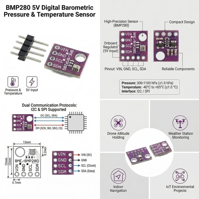 Alt view image 2 of 6 - 6pcs BMP280 Digital Barometric Pressure and Temperature Sensor Module, 5 V Input, I2C SPI Interface