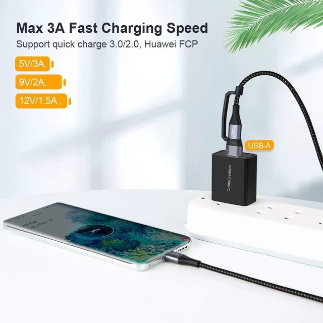 Alt view image 3 of 7 - CableCreation 2 in 1 USB C Cable 2m Braided USB2.0 C to C Cable 60W USB-A/C to C 3A Fast Charging Cable Data 480Mbps for MacBook iPad Mini iPad Pro Z Flip S21 S20 and Other USB C Devices Black 6.6FT
