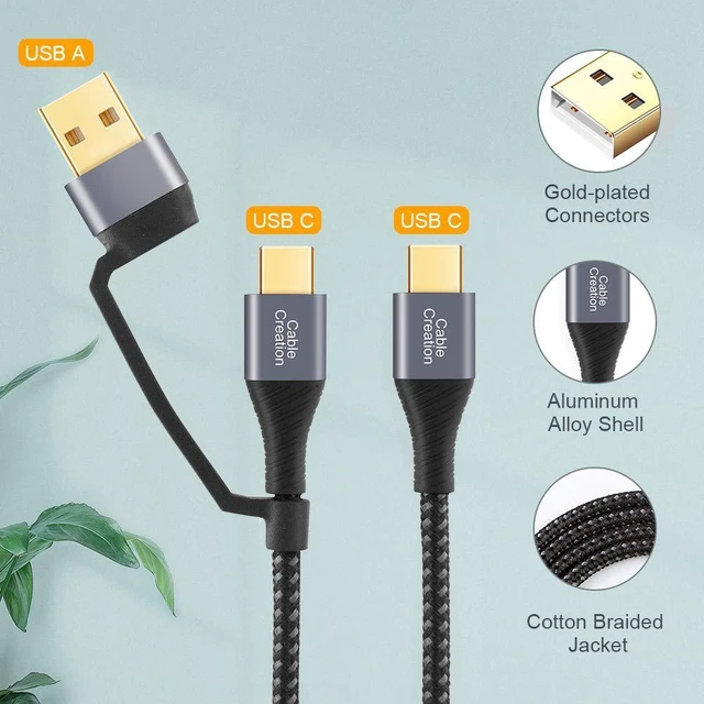 Alt view image 2 of 7 - CableCreation 2 in 1 USB C Cable 2m Braided USB2.0 C to C Cable 60W USB-A/C to C 3A Fast Charging Cable Data 480Mbps for MacBook iPad Mini iPad Pro Z Flip S21 S20 and Other USB C Devices Black 6.6FT