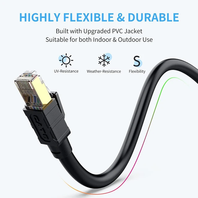 Alt view image 3 of 7 - Outdoor Ethernet Cable 50 ft - Hisetec Cat 8 Long Ethernet Cable Shielded Heavy Duty 26AWG 40Gbps 2000Mhz SFTP Patch Cord High Speed Cat8 LAN Network RJ45 Cable -in Wall -Outdoor- Weatherproof
