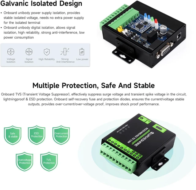 Alt view image 6 of 7 - waveshare RS232/485/422 to CAN Industrial Isolated Converter, Supports Modbus RTU Conversion, Multiple Protection Circuits
