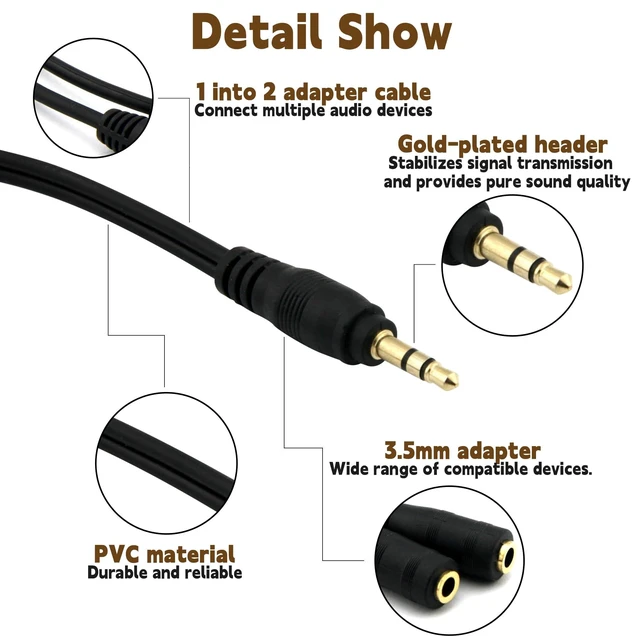 Alt view image 5 of 7 - 2-Pack Gold Plated 3.5mm Stereo Jack Splitter Cable Adapter Connectors ,3.5mm Male To 2 X Female - for Connecting External Speakers or Use Both Output for Speakers For Ipod, Mp3 Player