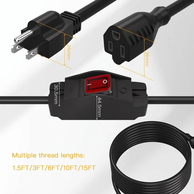 Alt view image 2 of 7 - Extension Cord with Switch 3-Prong Waterproof Outdoor,14/3 SJT Extension Cord 1875W,Control Switch ON/Off Grounded Plug Receptacle 15A 125V.(3FT)