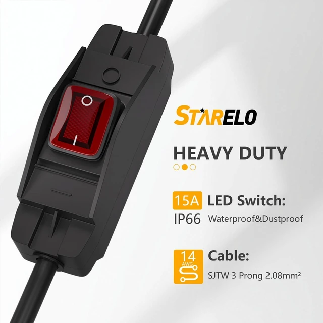 Alt view image 3 of 7 - Extension Cord with Switch 3-Prong Waterproof Outdoor,14/3 SJT Extension Cord 1875W,Control Switch ON/Off Grounded Plug Receptacle 15A 125V.(3FT)