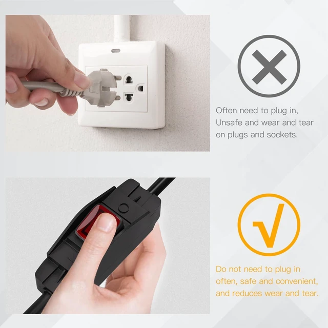 Alt view image 5 of 7 - Extension Cord with Switch 3-Prong Waterproof Outdoor,14/3 SJT Extension Cord 1875W,Control Switch ON/Off Grounded Plug Receptacle 15A 125V.(3FT)