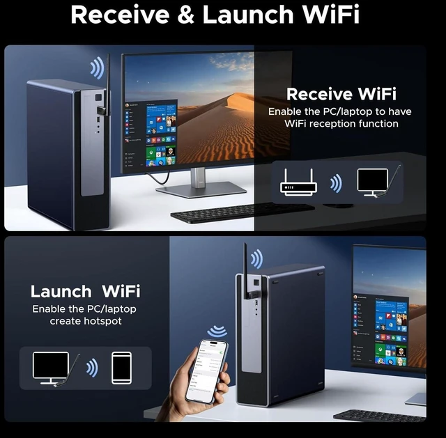 Alt view image 14 of 14 - UGREEN 2-in-1 USB Bluetooth WiFi Adapter, AX900 + Bluetooth 5.4 WiFi 6 Adapter for Desktop PC with 5GHz/2.4GHz Dual Band, 6dBi High Gain Antenna, Built-in Driver for Windows 10/11