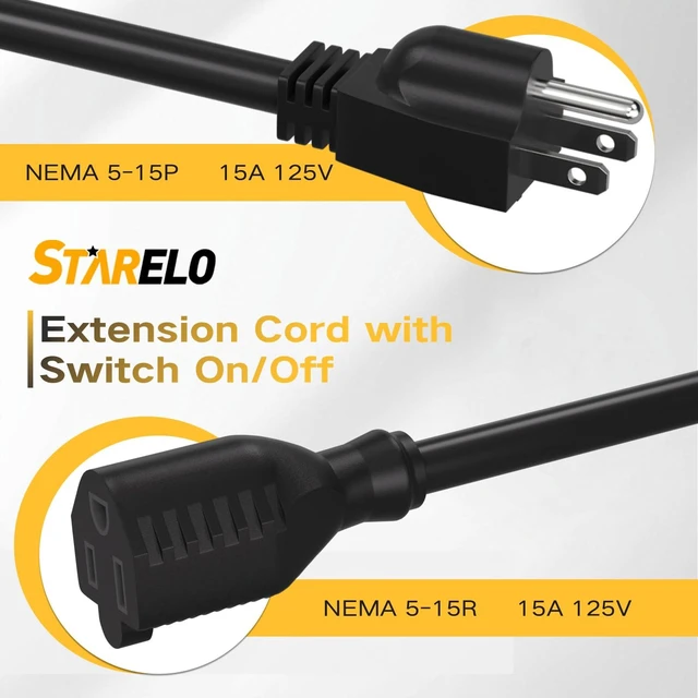 Alt view image 7 of 7 - Extension Cord with Switch 3-Prong Waterproof Outdoor,14/3 SJT Extension Cord 1875W,Control Switch ON/Off Grounded Plug Receptacle 15A 125V.(3FT)