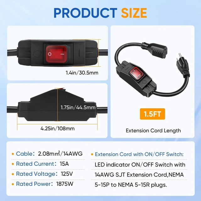 Alt view image 2 of 6 - Outdoor Extension Cord with On/Off Waterproof Switch, 15A 125V Grounded 3-Prong Plug, Heavy Duty 1875W Short Outdoor Extension Cord for Lights,Black 14/3 SJTW Switch Cord,Outdoor Light Control(1.5FT