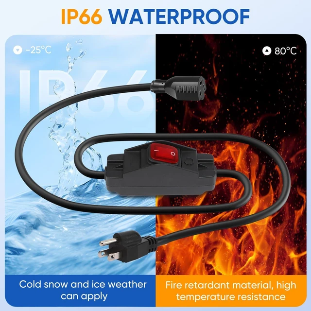 Alt view image 4 of 6 - Outdoor Extension Cord with On/Off Waterproof Switch, 15A 125V Grounded 3-Prong Plug, Heavy Duty 1875W Short Outdoor Extension Cord for Lights,Black 14/3 SJTW Switch Cord,Outdoor Light Control(1.5FT