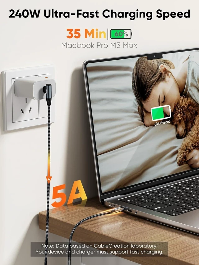 Alt view image 2 of 7 - CableCreation USB C to USB C Cable Right Angle 240W Fast Charging Type C Braided C Cord for iPhone 15 16 Pro Max, MacBook Pro/Air, iPad Pro/Air, S24/S23+, Pixel 9, Compatible 140/100/60W 6 ft.