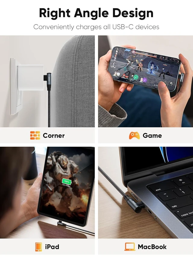 Alt view image 3 of 7 - CableCreation USB C to USB C Cable Right Angle 240W Fast Charging Type C Braided C Cord for iPhone 15 16 Pro Max, MacBook Pro/Air, iPad Pro/Air, S24/S23+, Pixel 9, Compatible 140/100/60W 6 ft.