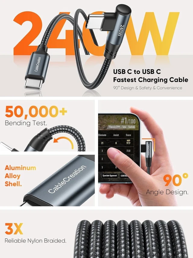 Alt view image 6 of 7 - CableCreation USB C to USB C Cable Right Angle 240W Fast Charging Type C Braided C Cord for iPhone 15 16 Pro Max, MacBook Pro/Air, iPad Pro/Air, S24/S23+, Pixel 9, Compatible 140/100/60W 6 ft.