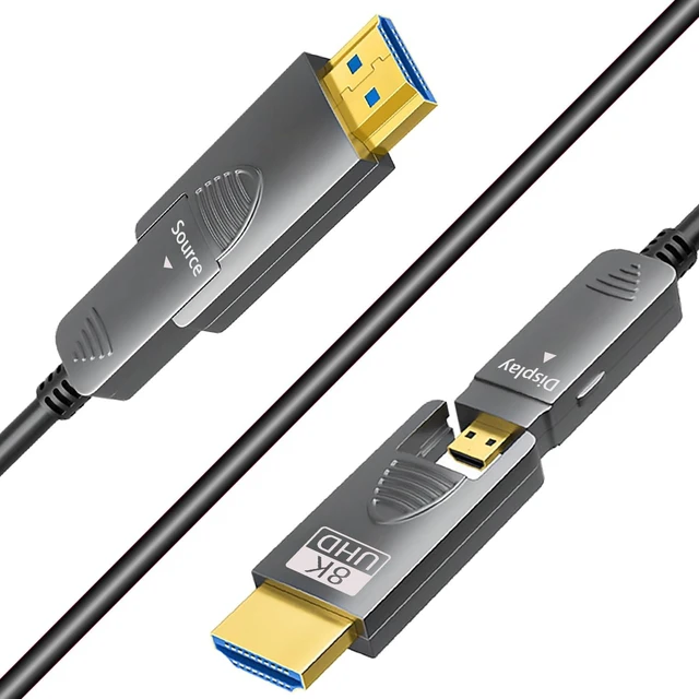 Main image of 25ft 8K Fiber Optic HDMI Cable, Micro HDMI to HDMI 2.1, Detachable Type A+D, 48Gbps Ultra Speed, HDR, 3D, eARC, in Wall CL2 / CL3 Rated, Slim and Flexible for PS5 Project TV