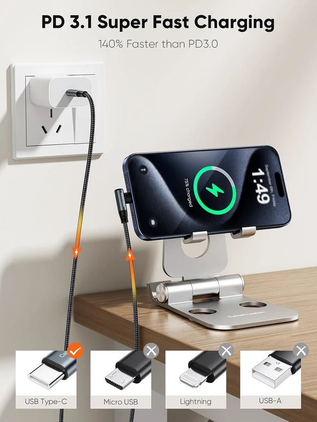 Alt view image 7 of 7 - CableCreation USB C to USB C Cable Right Angle 240W Fast Charging Type C Braided C Cord for iPhone 15 16 Pro Max, MacBook Pro/Air, iPad Pro/Air, S24/S23+, Pixel 9, Compatible 140/100/60W 6 ft.