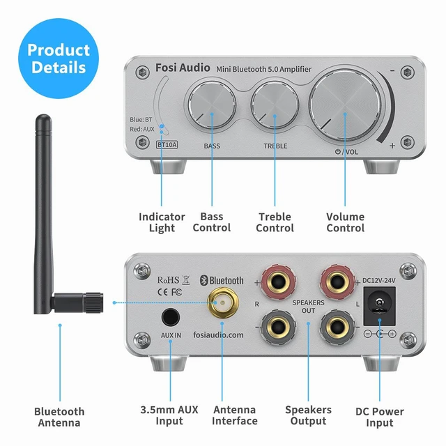 Alt view image 5 of 6 - Fosi Audio BT10A Bluetooth 5.0 Stereo Audio Amplifier Receiver 2 Channel Class D Mini Hi-Fi Integrated Amp for Home Passive Speakers 50W x 2 TPA3116