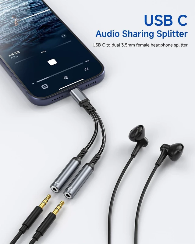 Alt view image 4 of 7 - USB C to Dual 3.5mm Headphone Splitter for 2 Headphones Hi-Res Type C to Aux Audio Jack Splitter Headphone Adapter Compatible with iPad iPhone 17/16/15 Pro Max S26/S25/S24/S23 Pixel 10/9 XL