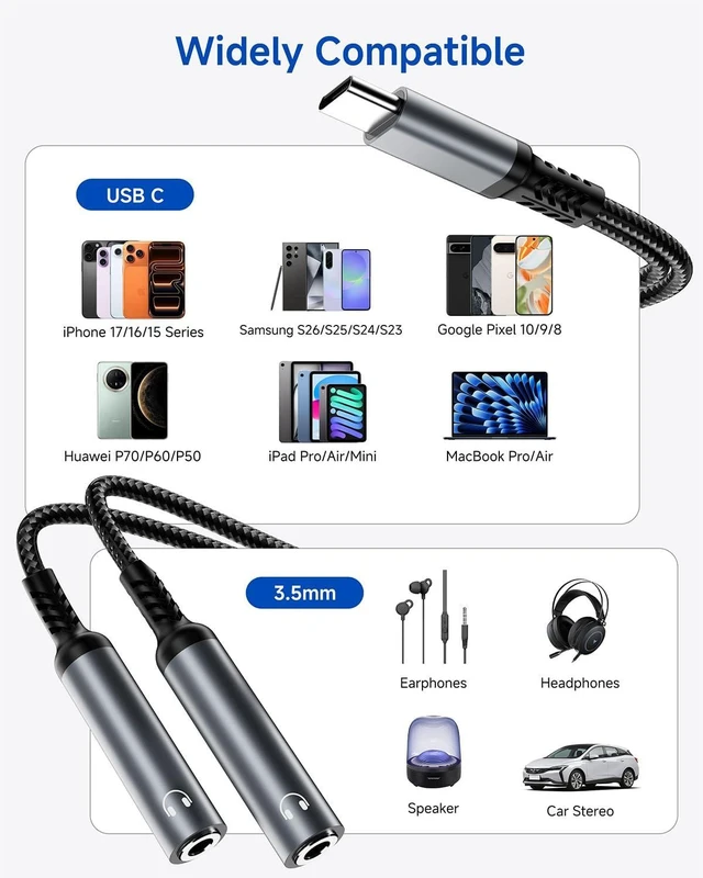 Alt view image 5 of 7 - USB C to Dual 3.5mm Headphone Splitter for 2 Headphones Hi-Res Type C to Aux Audio Jack Splitter Headphone Adapter Compatible with iPad iPhone 17/16/15 Pro Max S26/S25/S24/S23 Pixel 10/9 XL