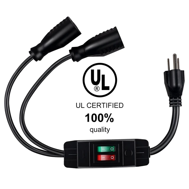 Alt view image 2 of 7 - 2 Way Extension Cord with On/Off Switch, 3 Prong Outdoor Extension Cord Splitter, Heavy Duty SJTW 14AWG 15A/125V and 18AWG 10A/125V Power Cord (1.6 Ft, Black)