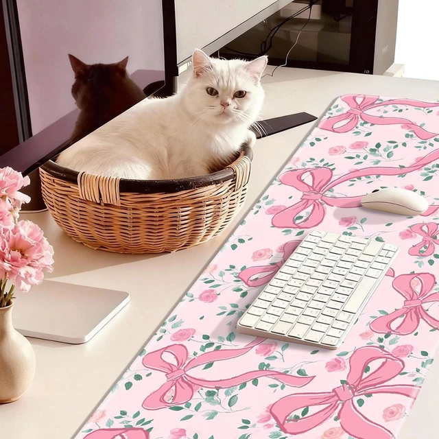 Alt view image 5 of 5 - Pink Bow Gaming Mouse Pad Large Desk Mat Extended Keyboard Cute Mouse Pad Anime Mousepad with Non-Slip Base and Stitched Edge Mouse Mat Desk Pad 31.5 x 11.8 Mouse Pads for Desk Home Office Gaming