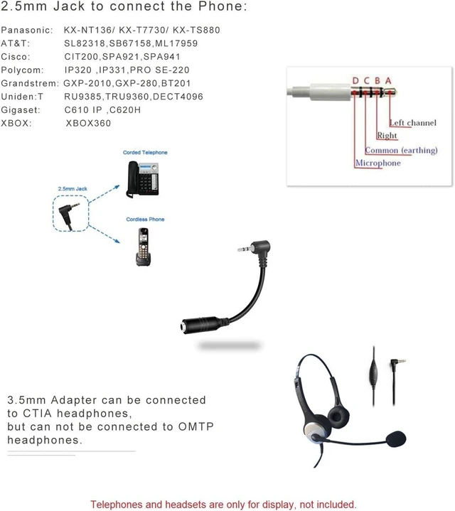 Alt view image 3 of 7 - Headphone Adapter 2.5mm Male to 3.5mm Femalefor Smartphone Headset Adapter 2.5mm to 3.5(for Panasonic Jack) Cable with Connector Suit for Cordless Phones Earpiece Jack Adapter XB0X360