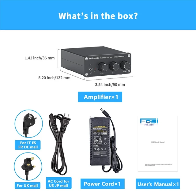 Alt view image 7 of 7 - Fosi Audio TB10A 2 Channel Stereo Audio Amplifier Receiver Mini Hi-Fi Class D Integrated Amp 2.0CH for Home Speakers 100W x 2 with Bass and Treble Control TPA3116(with Power Supply)