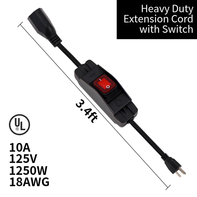 Alt view image 2 of 6 - 3.4 Ft Outdoor Extension Cord with Waterproof Switch Power Cord 18AWG 3 Prong Plugs Heavy Duty Extension Cord 10A/125V