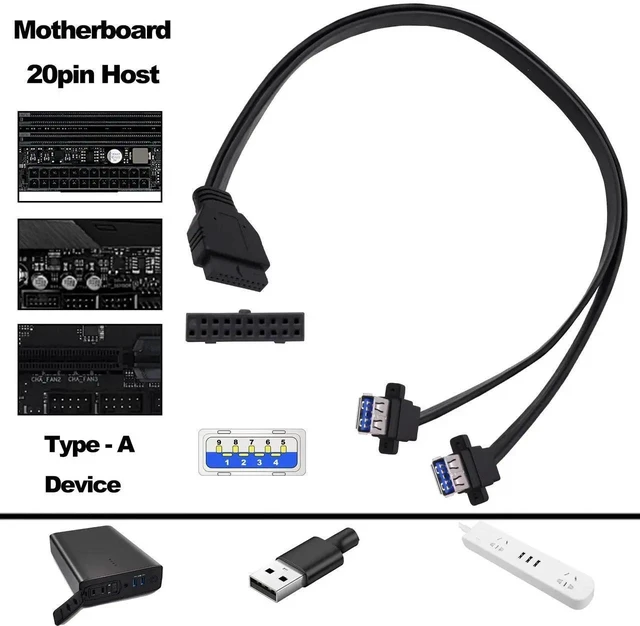 Alt view image 6 of 7 - USB 3.0 Front Panel Cable, Motherboard 19/20pin Header Splitter to 2 USB Female Adapter Connector Extension Cable Wire Cord for PC DIY-50CM/1.64FT