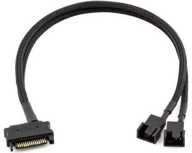 Main image of 10 Inch Black Sleeved 15Pin SATA to Dual 3Pin/4Pin PWM Fan Y Splitter Cable, SATA Power to 2 PC Case Cooling Fans Adapter Cord