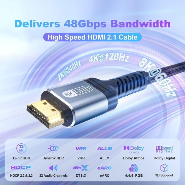 Alt view image 2 of 7 - 8K HDMI 2.1 Cable 8ft 48Gbps Ultra High Speed Braided Nylon HDMI Cord-8K@60Hz 4K@120Hz Compatible for Monitor/TV/PS5 4 3/Laptop/Xbox Series X/Projector/Blu-ray Players