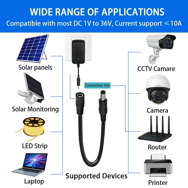 Alt view image 2 of 5 - 5.5mm x 2.1mm 12V DC Power Cable 3-Pack,DC5521 Male to Female Extension Cable 18AWG for CCTV Surveillance Camera,LED Strip,Solar Panels and Power Adapters1FT