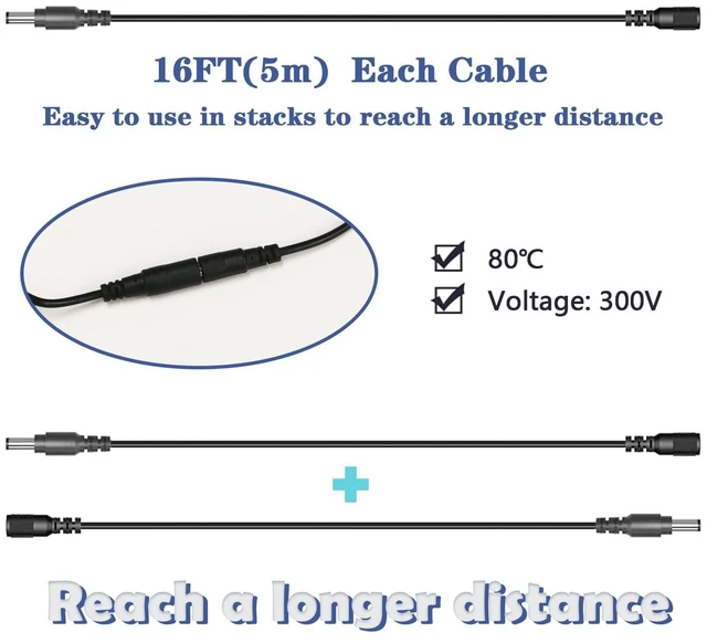 Alt view image 4 of 5 - 2PCS 16FT(5m) 12V DC Power Extension Cord 5.5mm x 2.1mm for Security Camera CCTV, Router, LED Strip Extension Cable DC 12V Power Supply Plug Adapter OLA013