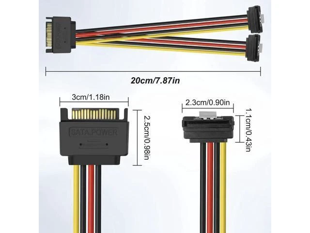 Alt view image 2 of 7 - 2 Pack 20CM SATA 15Pin Right Angle Y-Splitter Power Cable, 18AWG Male to Dual Female SATA Power Adapter for HDD & SSD