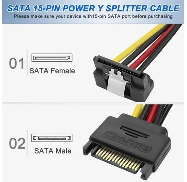 Alt view image 6 of 7 - 2 Pack 20CM SATA 15Pin Right Angle Y-Splitter Power Cable, 18AWG Male to Dual Female SATA Power Adapter for HDD & SSD