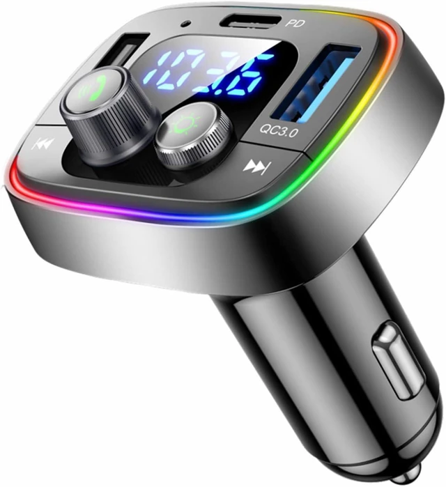 Main image of USB C Bluetooth Adapter for Car AUX Wireless FM Radio Transmitter Handsfree Calling & Audio Receiver MP3 Music Player QC3.0 & Type-C PD USB Charger 7 Colors LED Backlit