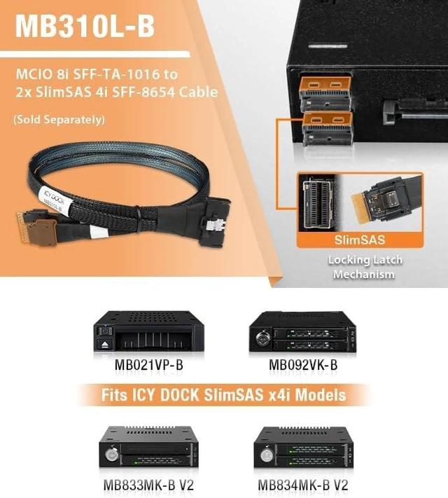 Alt view image 6 of 7 - ICY DOCK MCIO 8i SFF-TA-1016 to 2X SlimSAS 4i SFF-8654 Cable - 0.5M | MB310L-B