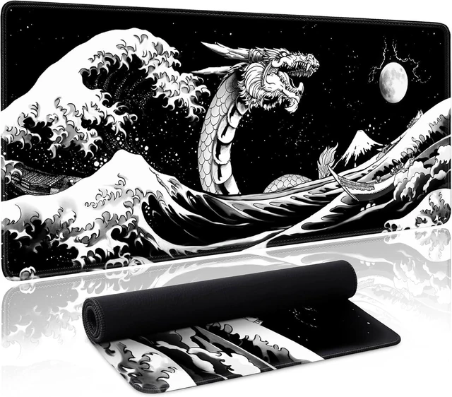 Main image of Japanese Wave Dragon Gaming Mouse Pad Large Desk Mat Black Extended Keyboard Mouse Pad Gaming Mousepad with Non-Slip Base Stitched Edge Mouse Mat Desk Pad 31.5 X 11.8 Mouse Pads for Desk Home Office