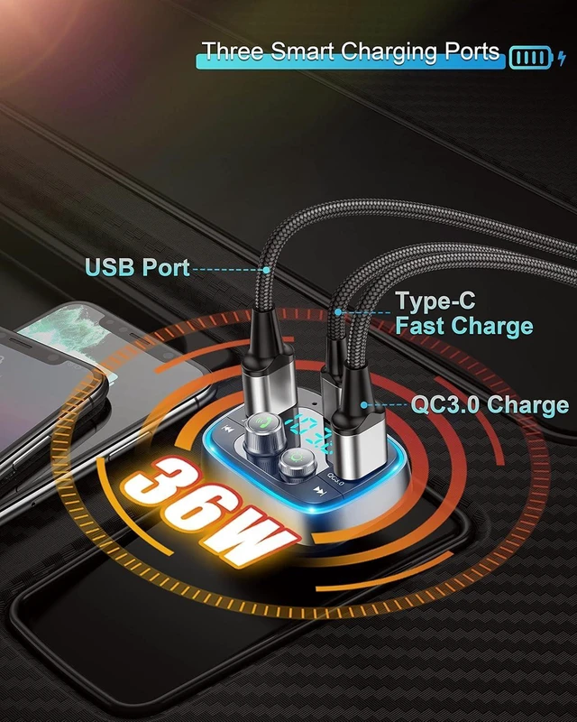 Alt view image 4 of 7 - USB C Bluetooth Adapter for Car AUX Wireless FM Radio Transmitter Handsfree Calling & Audio Receiver MP3 Music Player QC3.0 & Type-C PD USB Charger 7 Colors LED Backlit