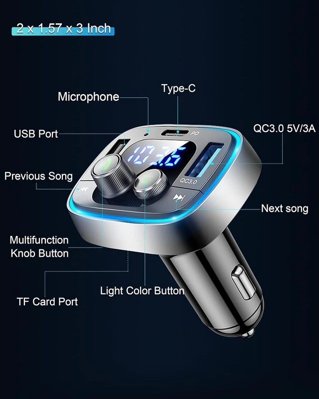 Alt view image 7 of 7 - USB C Bluetooth Adapter for Car AUX Wireless FM Radio Transmitter Handsfree Calling & Audio Receiver MP3 Music Player QC3.0 & Type-C PD USB Charger 7 Colors LED Backlit