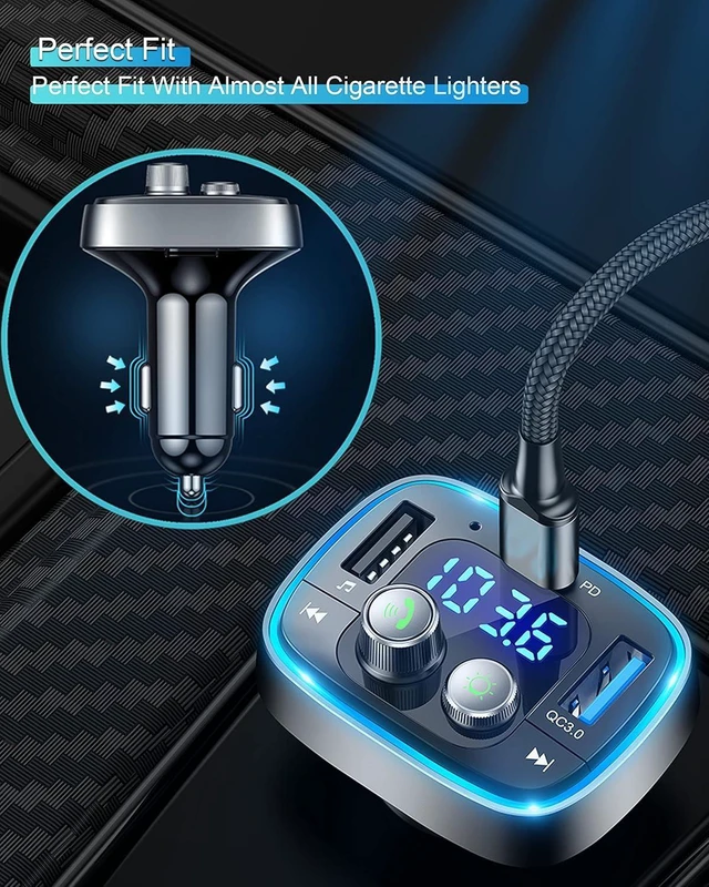 Alt view image 5 of 7 - USB C Bluetooth Adapter for Car AUX Wireless FM Radio Transmitter Handsfree Calling & Audio Receiver MP3 Music Player QC3.0 & Type-C PD USB Charger 7 Colors LED Backlit