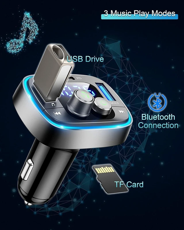 Alt view image 6 of 7 - USB C Bluetooth Adapter for Car AUX Wireless FM Radio Transmitter Handsfree Calling & Audio Receiver MP3 Music Player QC3.0 & Type-C PD USB Charger 7 Colors LED Backlit