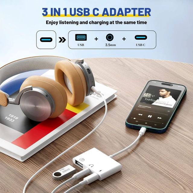 Alt view image 2 of 7 - USB C to USB Adapter 3 in 1 USB C to 3.5mm Audio Adapter for iPad USB Adapter