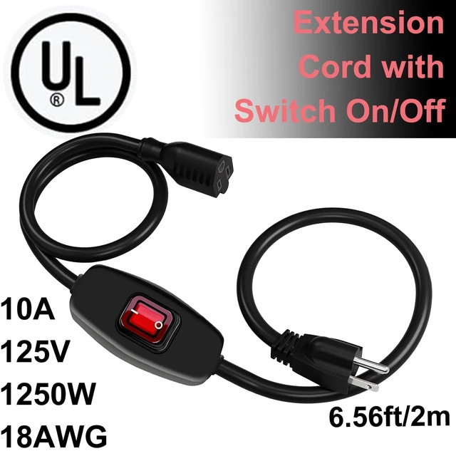Alt view image 2 of 7 - Heavy Duty Indoor/Outdoor Extension Cord Use, 6.56 FT Black Extension Cord with LED Light Switch On/Off, 1250W SJTW 18AWG 10A 125V AC,3 Prong Power Cord, UL Listed