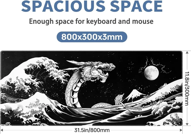 Alt view image 2 of 7 - Japanese Wave Dragon Gaming Mouse Pad Large Desk Mat Black Extended Keyboard Mouse Pad Gaming Mousepad with Non-Slip Base Stitched Edge Mouse Mat Desk Pad 31.5 X 11.8 Mouse Pads for Desk Home Office