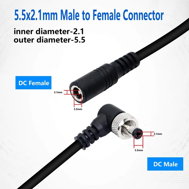 Alt view image 2 of 7 - 2 Pack DC Extension Cable 90 Degree Power Adapter Plug 5.5mm x 2.1mm Male to Female Extension Wire with Lock Nut for 12V Power Adapter, CCTV Security Camera (0.5M/1.65FT)