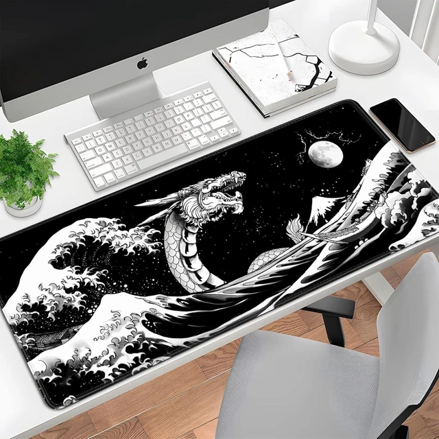 Alt view image 7 of 7 - Japanese Wave Dragon Gaming Mouse Pad Large Desk Mat Black Extended Keyboard Mouse Pad Gaming Mousepad with Non-Slip Base Stitched Edge Mouse Mat Desk Pad 31.5 X 11.8 Mouse Pads for Desk Home Office