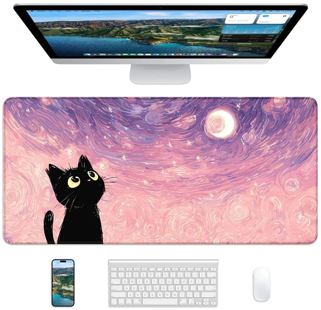 Main image of XL Gaming Mouse Pad, 31.5x15.7'' Large Desk Mat with Anti-Slip Rubber Base & Stitched Edges for Gaming, Office, Home, Van Gogh Cat