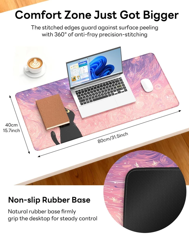 Alt view image 4 of 7 - XL Gaming Mouse Pad, 31.5x15.7'' Large Desk Mat with Anti-Slip Rubber Base & Stitched Edges for Gaming, Office, Home, Van Gogh Cat